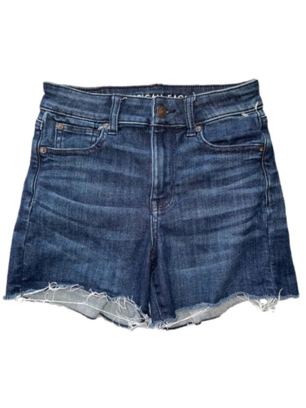 American Eagle High Rise Shortie Jean Shorts Distressed Raw Hem Size 4